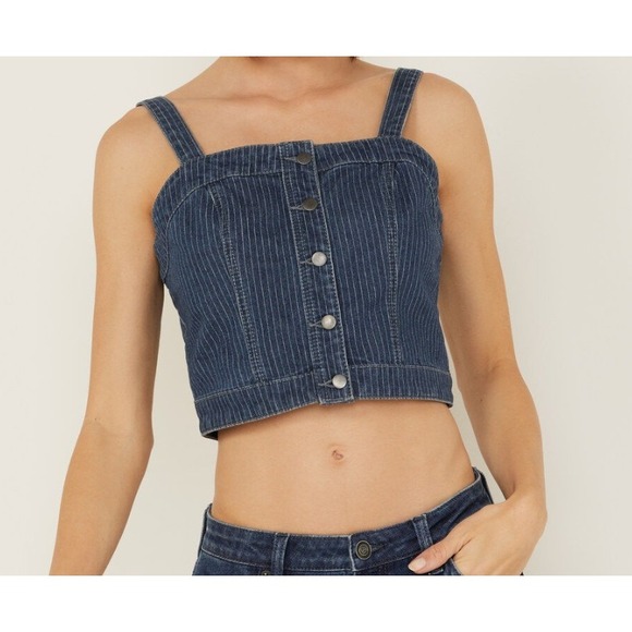 Rock & Roll Cowgirl Tops - Rock & Roll Denim Women's Dark Wash Pinstripe Denim Corset Crop Top NWT XXL